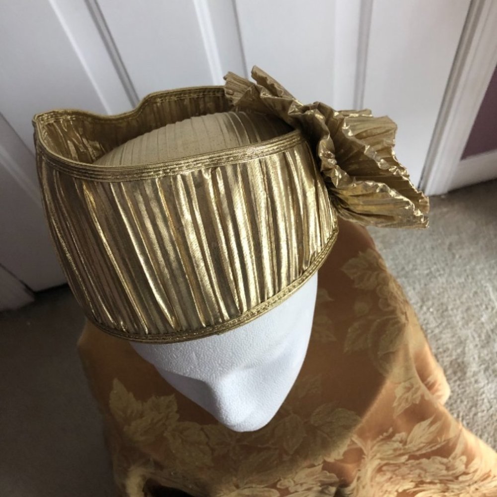 Ladies Gold Hat With Bow On Left Side